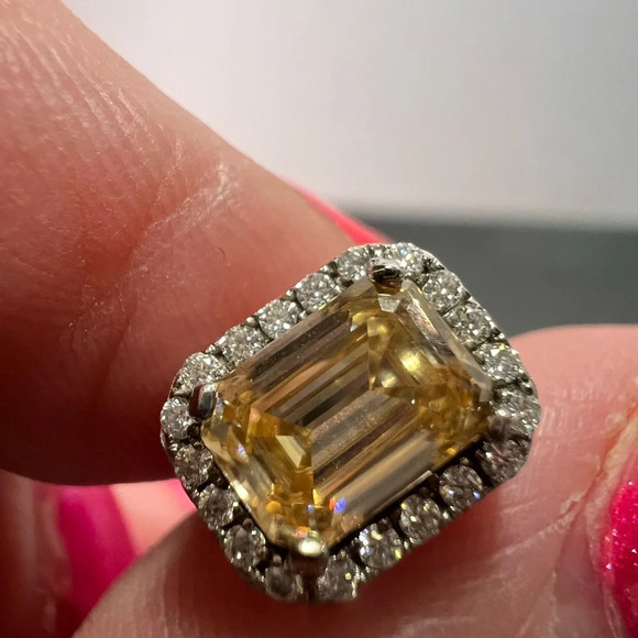 Yellow and white moissanite halo stud earrings in rhodium over sterling silver - Picture 6 of 12